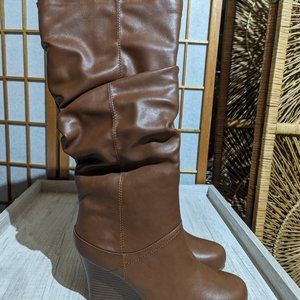 NWOT Tan Knee-High Wedge Boots